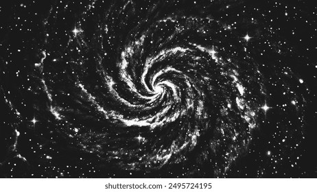 Deep space scene background in stippling style with amazing spiral galaxy and glowing stars cluster in universe. Retro styled dotwork. Pointillism. Noisy grainy shading using dots. Vector illustration