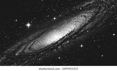 Deep space scene background in stippling style with amazing huge glowing spiral galaxy and stars. Milky Way galaxy. Retro styled dotwork. Pointillism. Noisy grainy dot shading. Vector illustration