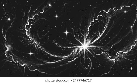 Deep space scene background in stippling style with amazing huge nebula and glowing stars cluster in universe. Retro styled dotwork. Pointillism. Noisy grainy shading using dots. Vector illustration