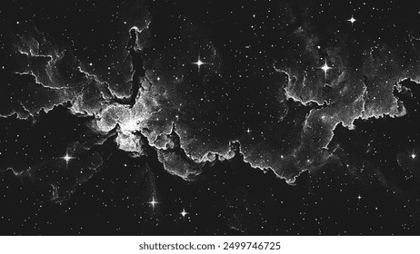 Deep space scene background in stippling style with amazing huge nebula and glowing stars cluster in universe. Retro styled dotwork. Pointillism. Noisy grainy shading using dots. Vector illustration	