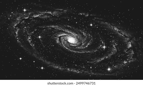 Deep space scene background in stippling style with amazing huge glowing spiral galaxy and stars. Milky Way galaxy. Retro styled dotwork. Pointillism. Noisy grainy dot shading. Vector illustration