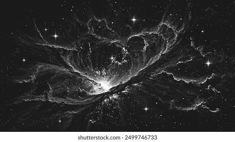 Deep space scene background in stippling style with amazing huge nebula and glowing stars cluster in universe. Retro styled dotwork. Pointillism. Noisy grainy shading using dots. Vector illustration