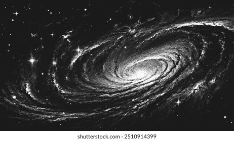 Deep space scene background in stippling style with amazing huge glowing spiral galaxy and stars. Milky Way galaxy. Retro styled dotwork. Pointillism. Noisy grainy dot shading. Vector illustration