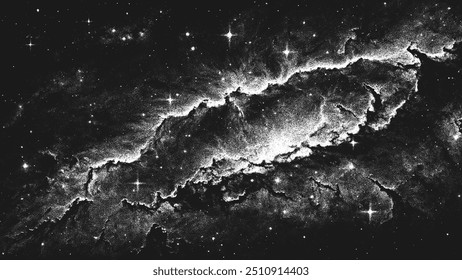 Tief Raum Szene Hintergrund in stippling Stil mit erstaunlichen riesigen Nebel und leuchtenden Sternen Cluster im Universum. Retro-stilisierte Punkte. Pointillismus. Geräuschvolle körnige Schattierung mit Punkten. Vektorgrafik