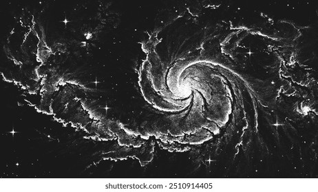 Fondo de escena del espacio profundo en estilo punteado con nebulosa espiral enorme increíble en el universo. Gran Atractor. Tejido de punto de estilo retro. Puntillismo. Sombreado ruidoso granuloso usando puntos. Ilustración vectorial