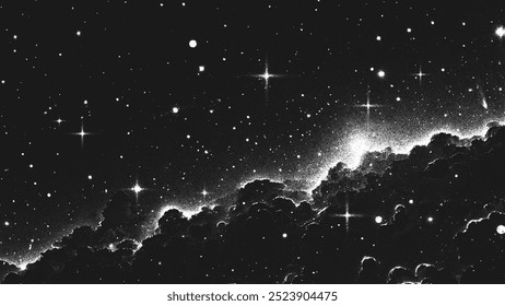 Deep space scene background in stippling style with amazing huge nebula and glowing stars cluster in universe. Retro styled dotwork. Pointillism. Noisy grainy shading using dots. Vector illustration