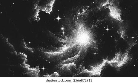 Deep space scene background in stippling style with amazing huge nebula and glowing stars cluster in universe. Retro styled dotwork. Pointillism. Noisy grainy shading using dots. Vector illustration