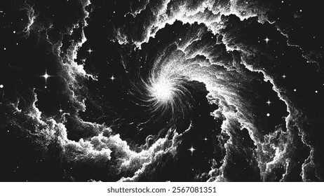 Deep space scene background in stippling style with amazing huge spiral nebula in universe. Great Attractor. Retro styled dotwork. Pointillism. Noisy grainy shading using dots. Vector illustration