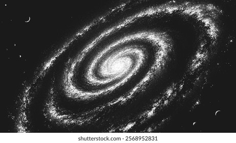 Deep space scene background in stippling style with huge glowing spiral galaxy and stars. Milky Way galaxy. Retro styled dotwork. Pointillism. Noisy grainy shading using dots. Vector illustration