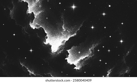 Deep space scene background in stippling style with glowing stars cluster and mesmerizing huge nebula as stellar nursery where stars are born. Dotwork. Pointillism. Noisy shading using dots. Vector