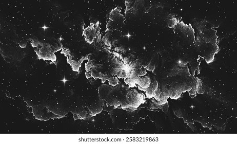 Deep space scene background in stippling style with glowing stars cluster and mesmerizing huge nebula as stellar nursery where stars are born. Dotwork. Pointillism. Noisy shading using dots. Vector