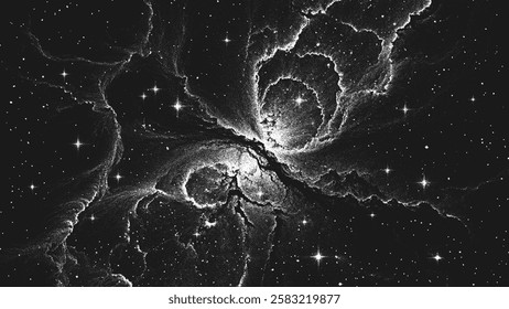 Deep space scene background in stippling style with glowing stars cluster and mesmerizing huge nebula as stellar nursery where stars are born. Dotwork. Pointillism. Noisy shading using dots. Vector