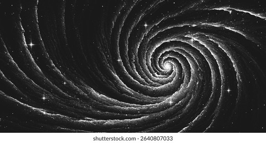 Deep space scene background in stippling style with amazing huge spiral nebula in universe. Great Attractor. Retro styled dotwork. Pointillism. Noisy grainy shading using dots. Vector illustration