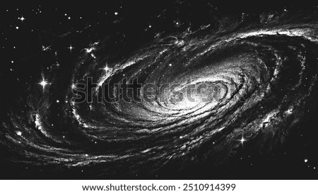 Deep space scene background in stippling style with amazing huge glowing spiral galaxy and stars. Milky Way galaxy. Retro styled dotwork. Pointillism. Noisy grainy dot shading. Vector illustration