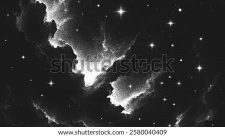 Deep space scene background in stippling style with glowing stars cluster and mesmerizing huge nebula as stellar nursery where stars are born. Dotwork. Pointillism. Noisy shading using dots. Vector