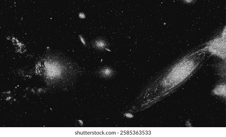 Deep space scene - universe, galaxy, nebula, stars in pointillism style. Vintage stippled background of stars in milky way. Vector illustration in retro grainy noisy grunge texture