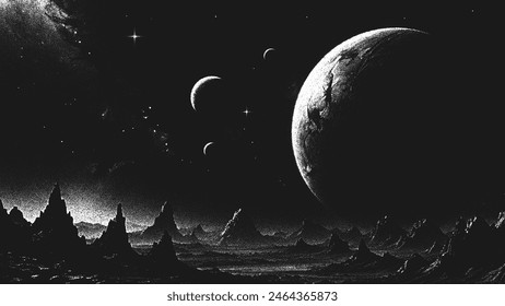 Deep space science fiction background with fantasy alien planet landscape and huge planet on the horizon in stippling style. Dotwork. Pointillism. Noisy grainy shading using dots. Vector illustration