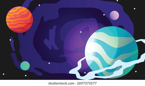 Galáxia espiral do espaço profundo com vários planetas coloridos e órbitas, cena cósmica futurista perfeita para astronomia, fantasia ou design de fundo de jogo.