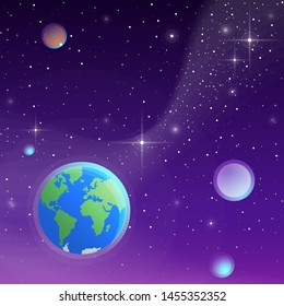 Deep space vector illustration. Stars, the Milky Way, Planet Earth and other planets.