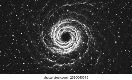 Deep space wormhole vortex surrounded by cosmic dust and stars. Black hole portal bending time and space. Galactic swirl in stippling style. Dotwork. Pointillism. Dots shading. Vector illustration