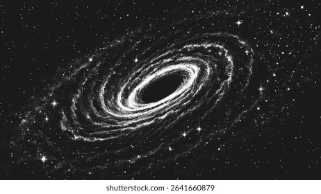 Deep space wormhole vortex surrounded by cosmic dust and stars. Black hole portal bending time and space. Galactic swirl in stippling style. Dotwork. Pointillism. Dots shading. Vector illustration