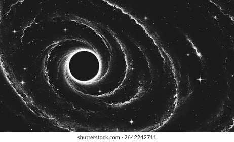 Deep space wormhole vortex surrounded by cosmic dust and stars. Black hole portal bending time and space. Galactic swirl in stippling style. Dotwork. Pointillism. Dots shading. Vector illustration