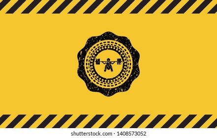 deep squat icon black grunge emblem inside yellow warning sign. Vector Illustration. Detailed.