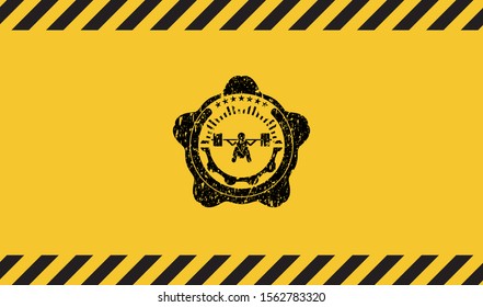 deep squat icon black grunge emblem, yellow warning sign. Vector Illustration. Detailed.