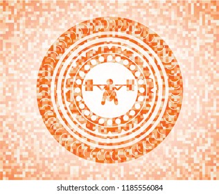 deep squat icon inside abstract emblem, orange mosaic background