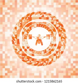 deep squat icon inside abstract orange mosaic emblem
