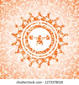 deep squat icon inside abstract emblem, orange mosaic background