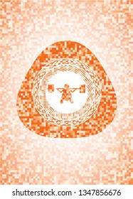 deep squat icon inside abstract emblem, orange mosaic background