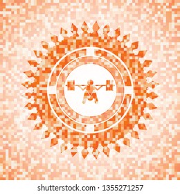 deep squat icon inside abstract orange mosaic emblem