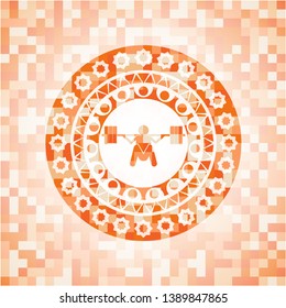 deep squat icon inside abstract orange mosaic emblem