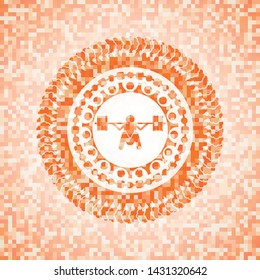 deep squat icon inside abstract orange mosaic emblem