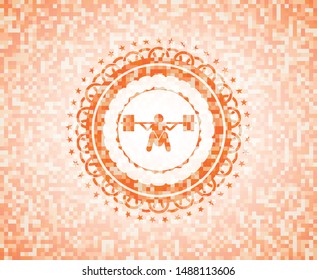 deep squat icon inside abstract orange mosaic emblem with background