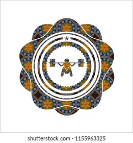 deep squat icon inside arabesque emblem. arabic decoration.