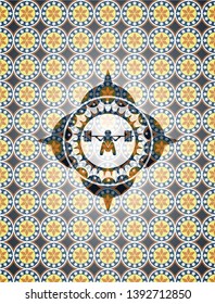 deep squat icon inside arabesque style emblem. arabic decoration.
