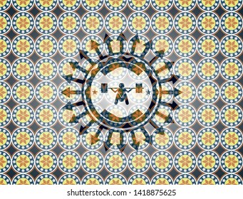 deep squat icon inside arabesque style badge. arabic decoration.