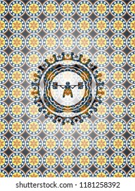 deep squat icon inside arabic badge. Arabesque decoration.