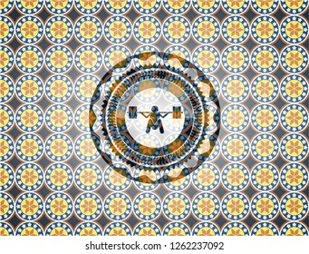 deep squat icon inside arabic badge background. Arabesque decoration.
