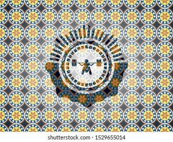 deep squat icon inside arabic badge background. Arabesque decoration.