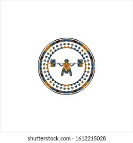 deep squat icon inside arabic badge. Arabesque decoration.