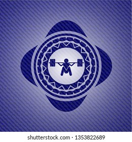 deep squat icon inside badge with denim background