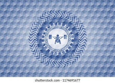 deep squat icon inside blue emblem with geometric pattern.