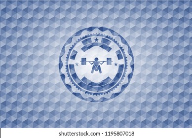 deep squat icon inside blue emblem or badge with geometric pattern background.