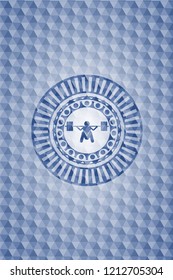 deep squat icon inside blue emblem with geometric pattern.
