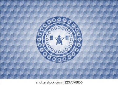 deep squat icon inside blue emblem with geometric pattern background.