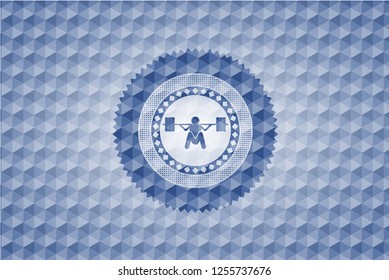 deep squat icon inside blue emblem with geometric pattern.