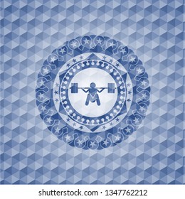 deep squat icon inside blue polygonal emblem.